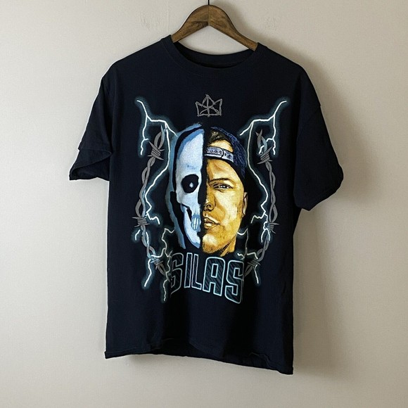 SILAS AMERICAN THUNDER Mens Black Short Sleeve T Shirt Size L Double Sided Bolts - Picture 2 of 9